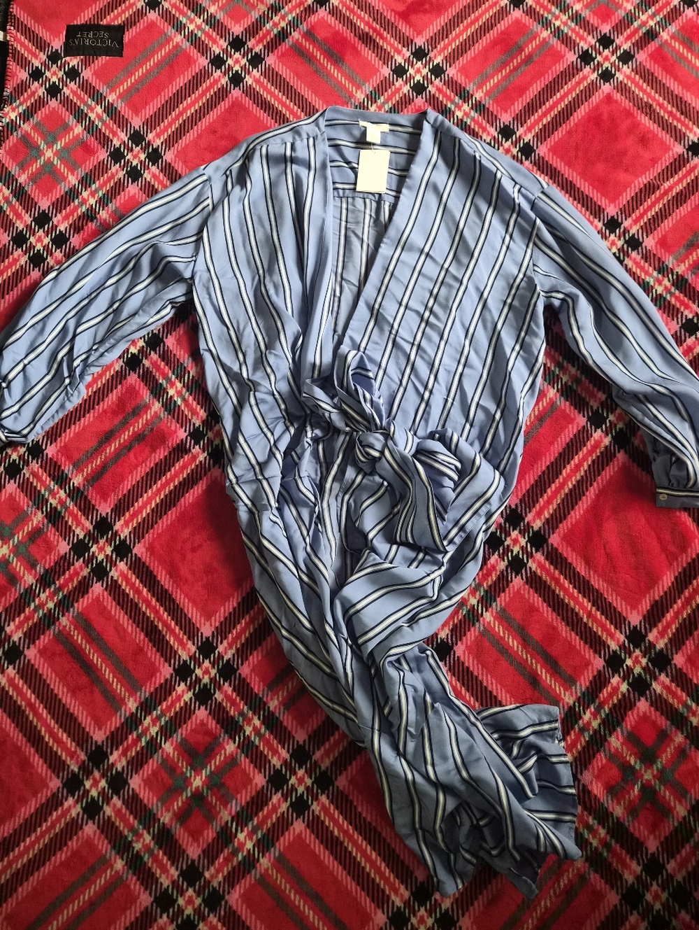 Blue Long Sleeve Tie-Front Dress